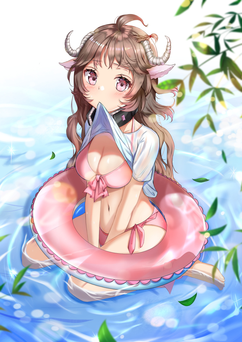 1girl absurdres ahoge animal_ears arknights bangs barefoot bikini blush breasts brown_hair commentary_request eyjafjalla_(arknights) highres horns innertube lifted_by_self long_hair looking_at_viewer medium_breasts mouth_hold navel partial_commentary pink_bikini pink_eyes sheep_ears sheep_horns shirt shirt_lift short_sleeves sitting smile solo stomach swimsuit wariza water white_shirt zeroillya