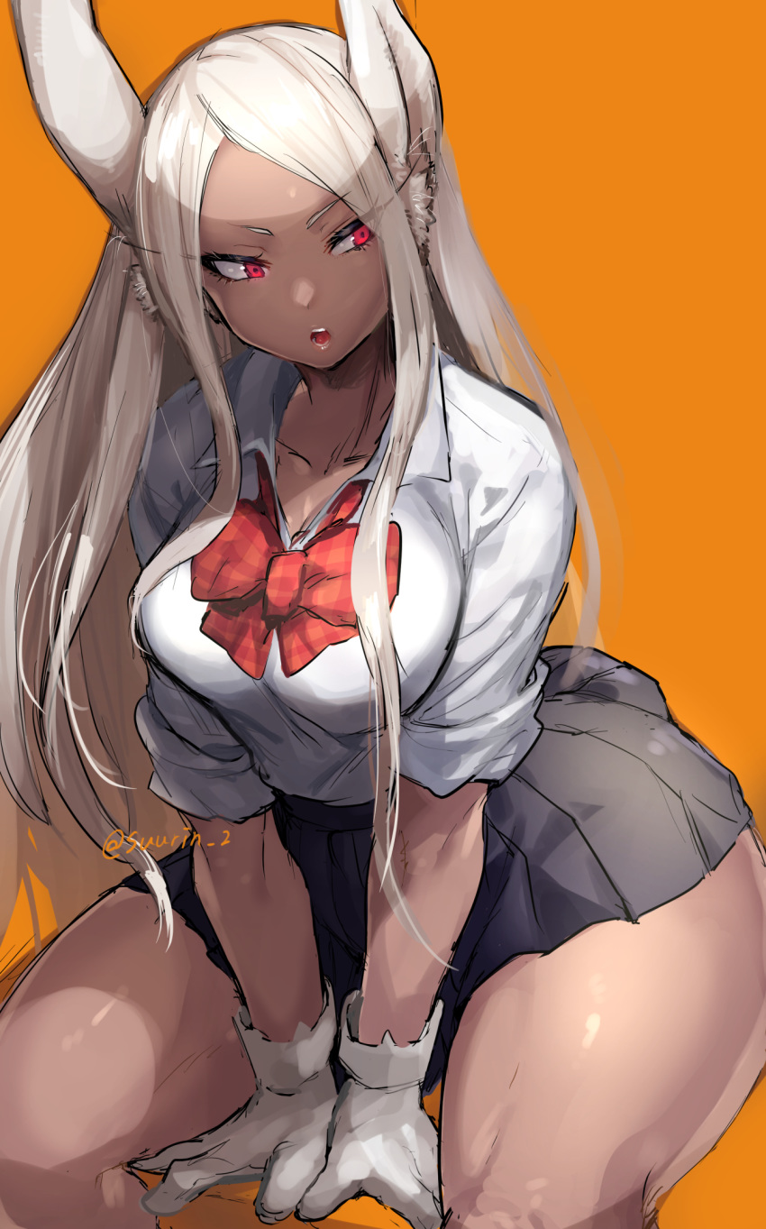 1girl animal_ears boku_no_hero_academia bow bowtie breasts dark_skin gloves half-closed_eyes highres large_breasts looking_to_the_side mirko open_mouth orange_background pleated_skirt rabbit_ears red_eyes school_uniform simple_background skirt solo suurin_(ksyaro) thick_thighs thighs white_hair