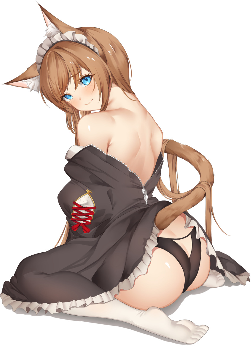 1girl absurdres animal_ear_fluff animal_ears ass back black_dress black_panties blue_eyes blush brown_hair cat_ears cat_tail closed_mouth commentary dress dress_pull eyebrows_visible_through_hair eyelashes from_behind full_body hair_between_eyes highres long_hair looking_at_viewer looking_back maid maid_headdress nape original panties partially_undressed partially_unzipped simple_background sitting solo tail thigh-highs underwear wariza white_background white_legwear yuya_(pixiv37335712) zipper