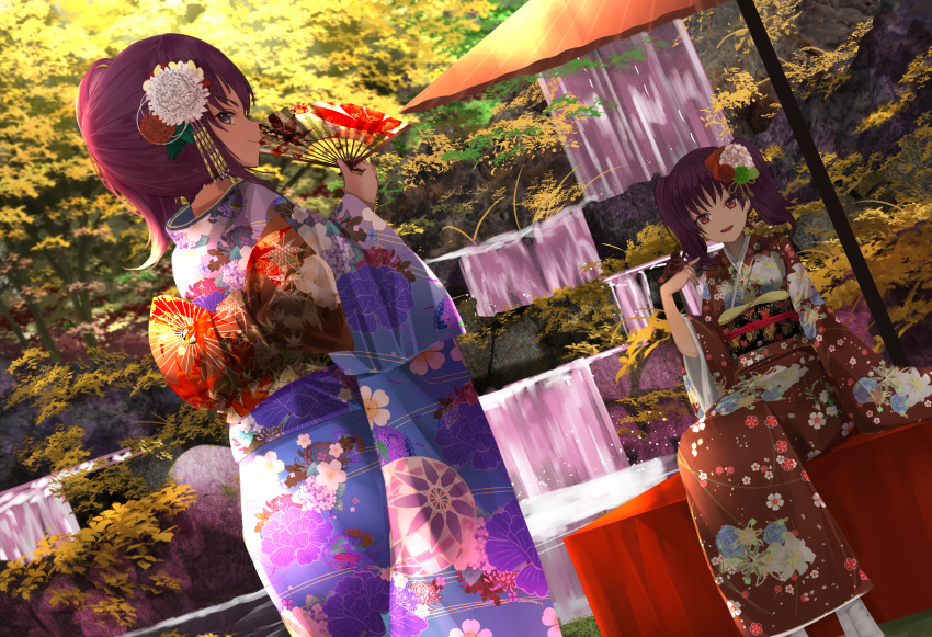2girls :d absurdres back_bow bangs bird bird_on_hand blue_kimono bow brown_hair bush closed_mouth commentary_request dutch_angle fan floral_print flower geta grey_eyes hair_flower hair_ornament highres holding holding_fan huge_filesize japanese_clothes kazuno_leah kazuno_sarah kimono leaf looking_back love_live! love_live!_school_idol_project love_live!_sunshine!! multiple_girls obi open_mouth orein oriental_umbrella outdoors print_kimono red_eyes red_kimono rock saint_snow sash siblings side_ponytail sisters sitting smile standing tree twintails umbrella upper_teeth water waterfall wide_sleeves yukata