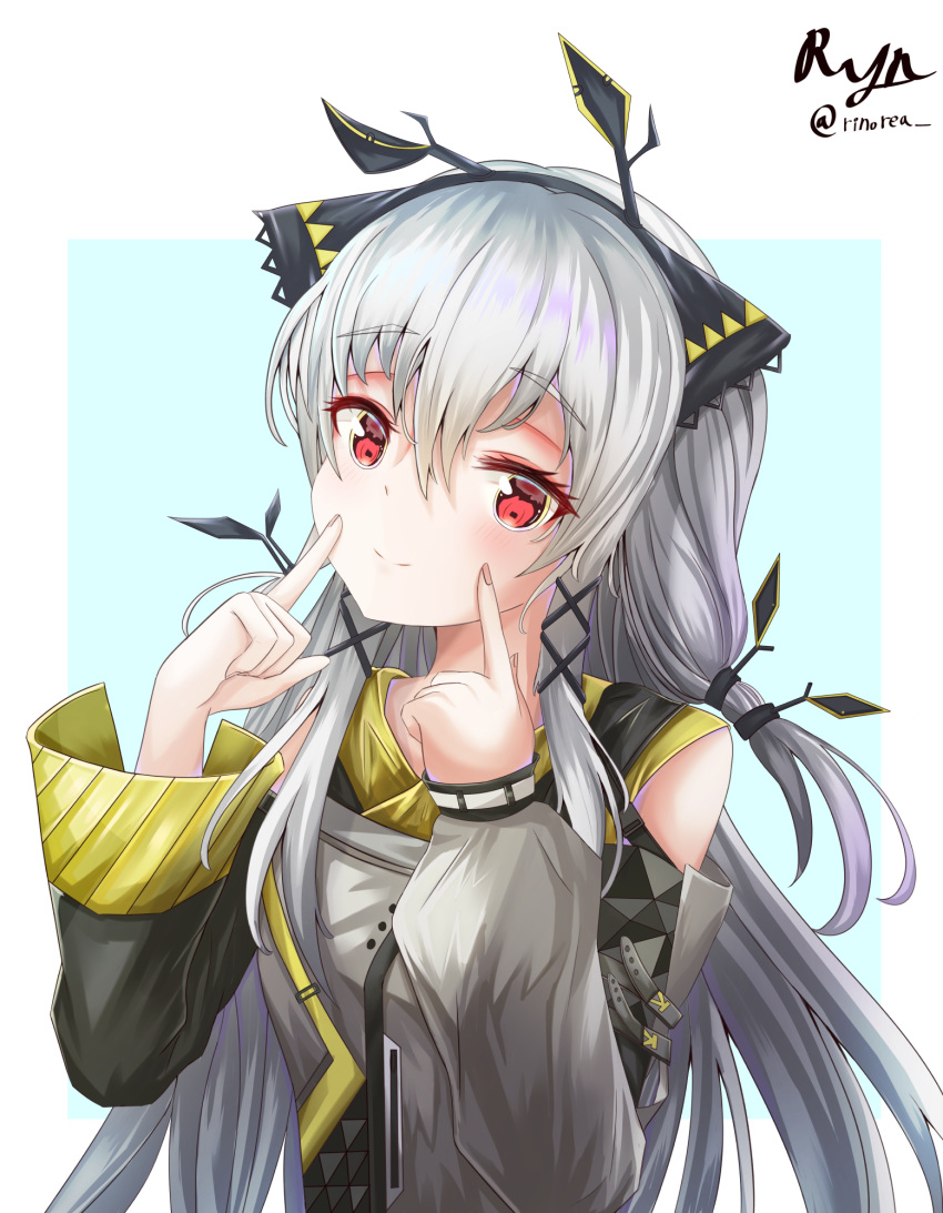 1girl arknights bare_shoulders blush closed_mouth grey_hair grey_jacket hair_between_eyes highres jacket light_smile long_hair long_sleeves looking_at_viewer low-tied_long_hair rino_rea silver_hair simple_background smile solo weedy_(arknights) white_background
