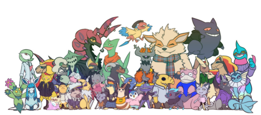 ^_^ alolan_form alolan_meowth banette bird bisharp cacturne closed_eyes clothed_pokemon commentary creature croagunk drowzee english_commentary espurr fangs full_body furret gardevoir gen_1_pokemon gen_2_pokemon gen_3_pokemon gen_4_pokemon gen_5_pokemon gen_6_pokemon gen_7_pokemon glaceon happy hatted_pokemon houndoom jolteon kadabra looking_at_viewer maractus no_humans piplup pokemon pokemon_(creature) pyroar pyroar_(female) quilava raichu rockruff ruderubicante sableye sceptile scolipede togepi trevenant whimsicott zorua