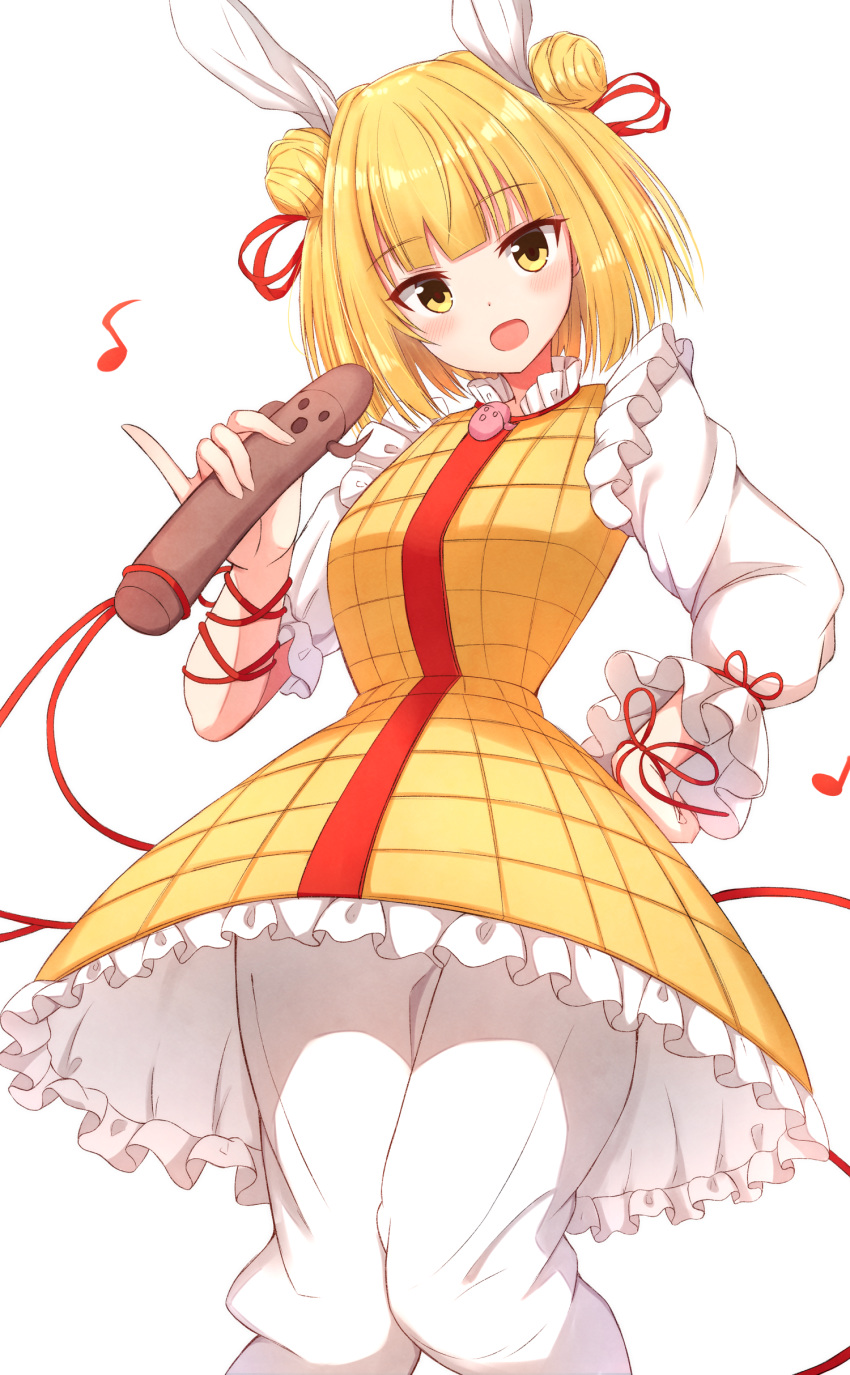 1girl absurdres bangs blonde_hair blunt_bangs commentary_request double_bun dress eyebrows_visible_through_hair haniwa_(statue) head_scarf highres joutouguu_mayumi long_sleeves looking_at_viewer magatama_necklace musical_note open_mouth short_hair simple_background solo standing tksand touhou white_background yellow_dress yellow_eyes
