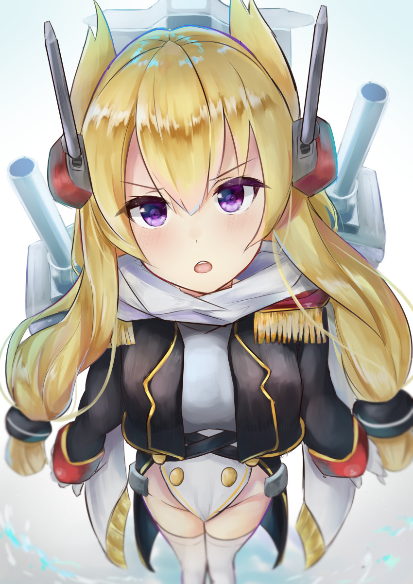 1girl absurdres azur_lane black_jacket blonde_hair blush breasts cannon commentary double-breasted eyebrows_visible_through_hair foreshortening from_above gloves hair_between_eyes headpiece highres jacket kyoro_ina long_hair long_sleeves looking_at_viewer looking_up medium_breasts military military_uniform open_clothes open_jacket open_mouth rigging scarf simple_background solo thigh-highs thighs twintails uniform violet_eyes warspite_(azur_lane) white_background white_gloves white_legwear white_scarf