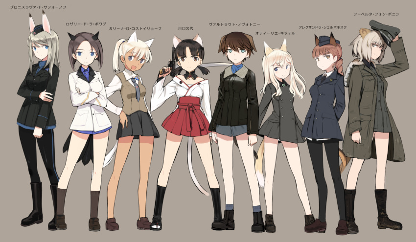 6+girls alexandra_serbanescu black_hair black_legwear blue_eyes bronislava_feoktistovna_safonov brown_eyes brown_hair crossed_arms eyebrows_visible_through_hair galina_kostylev gunblade hat holding holding_weapon huberta_von_bonin japanese_clothes kawaguchi_fumiyo military military_uniform multiple_girls orange_hair ottilie_kittel rosalie_de_la_poype scar shimada_fumikane silver_hair simple_background uniform waltraud_nowotny weapon white_hair world_witches_series