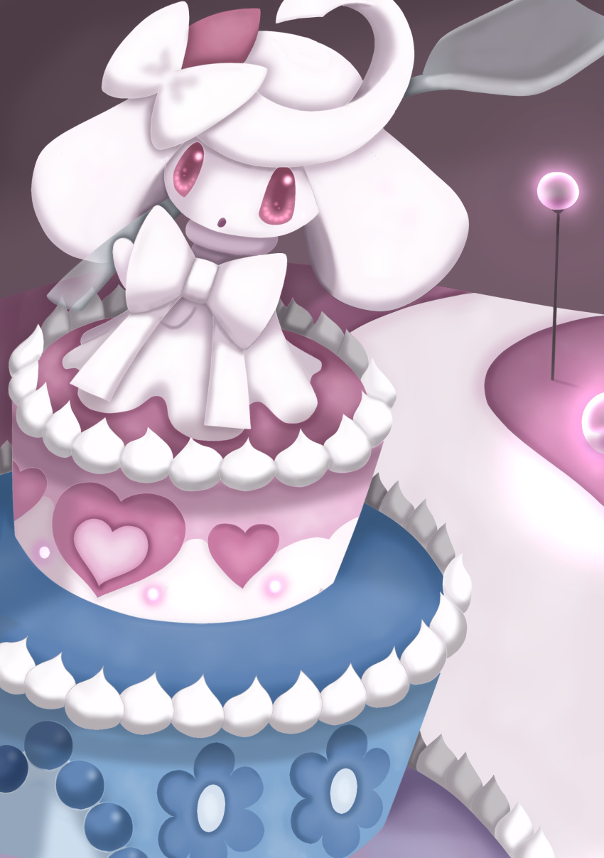 absurdres alcremie commentary creature english_commentary full_body gen_8_pokemon gigantamax gigantamax_alcremie heart highres lamppost looking_at_viewer no_humans pakku-fangirl pokemon pokemon_(creature) solo violet_eyes