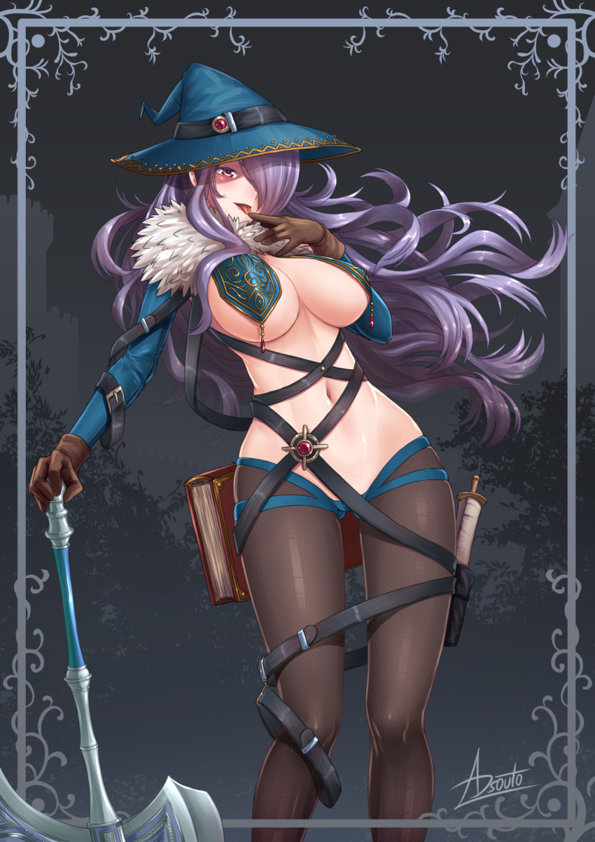 1girl adsouto ass_visible_through_thighs axe breasts camilla_(fire_emblem) finger_to_mouth fire_emblem fire_emblem_fates hair_over_one_eye hat highres long_hair looking_at_viewer navel purple_hair revealing_clothes solo stomach thigh_gap witch_hat