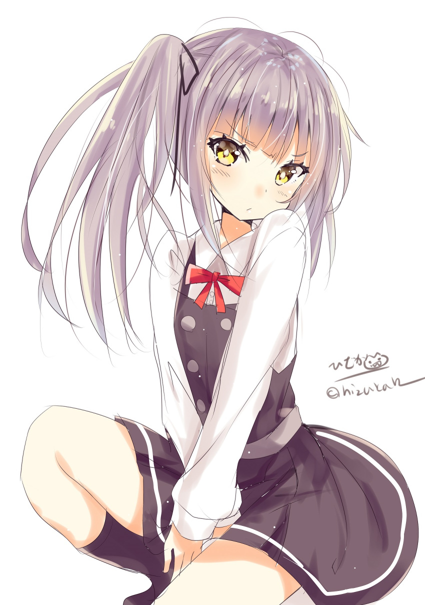 1girl black_dress black_ribbon blush brown_eyes dress eyebrows_visible_through_hair grey_hair hair_between_eyes hair_ornament hair_ribbon highres hizaka kantai_collection kasumi_(kantai_collection) long_hair long_sleeves looking_at_viewer neck_ribbon pinafore_dress remodel_(kantai_collection) ribbon school_uniform shirt side_ponytail simple_background sitting skirt sleeveless sleeveless_dress solo twitter_username white_background white_shirt