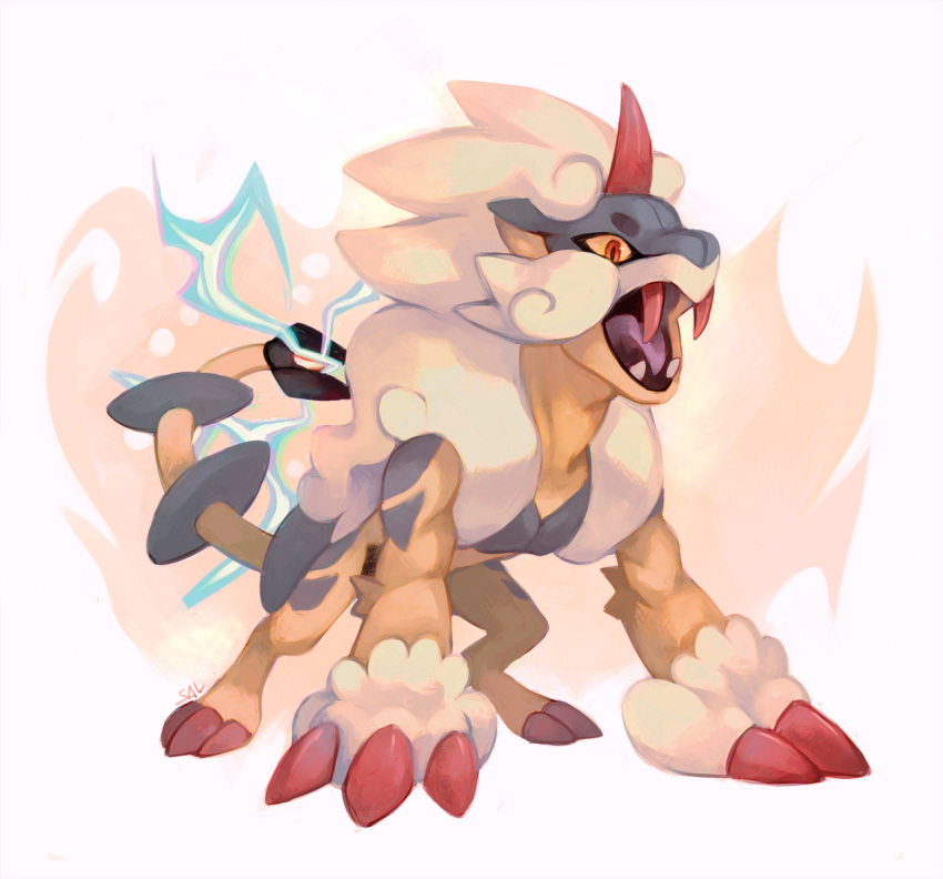 claws commentary creature electricity english_commentary fangs full_body fusion gen_2_pokemon gen_5_pokemon horn legendary_pokemon no_humans pokemon pokemon_(creature) raikou salanchu signature simple_background solo standing thundurus thundurus_(therian) white_background