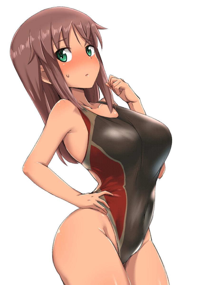 1girl absurdres alice_gear_aegis ayuayu_(shouyu_no_sato) black_swimsuit blush breasts brown_hair closed_mouth collarbone competition_swimsuit covered_navel cowboy_shot eyebrows_visible_through_hair green_eyes hand_on_hip highleg highleg_swimsuit highres kaneshiya_sitara large_breasts looking_at_viewer one-piece_swimsuit simple_background solo standing sweat swimsuit tan white_background