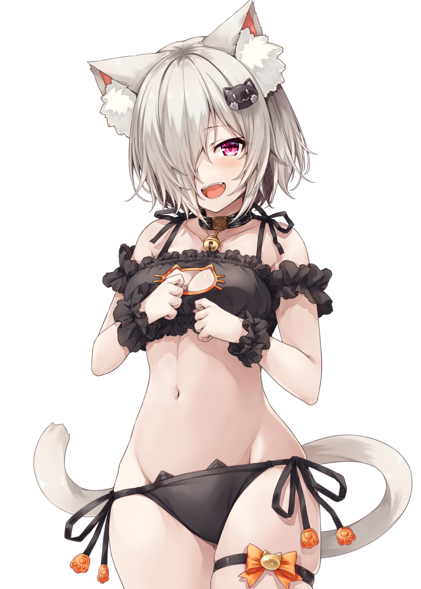 1girl :d absurdres animal_ear_fluff animal_ears bangs bell bell_collar black_bra black_collar black_panties blush bow bra cat_cutout cat_ear_panties cat_ears cat_girl cat_hair_ornament cat_lingerie cat_tail cleavage_cutout collar commentary_request eyebrows_visible_through_hair fang frilled_bra frills groin hair_ornament hair_over_one_eye hasumi_(hasubatake39) heart highres jingle_bell looking_at_viewer meme_attire navel open_mouth orange_bow original panties side-tie_panties silver_hair simple_background skindentation smile solo tail thigh_strap underwear underwear_only upper_teeth violet_eyes white_background wrist_cuffs