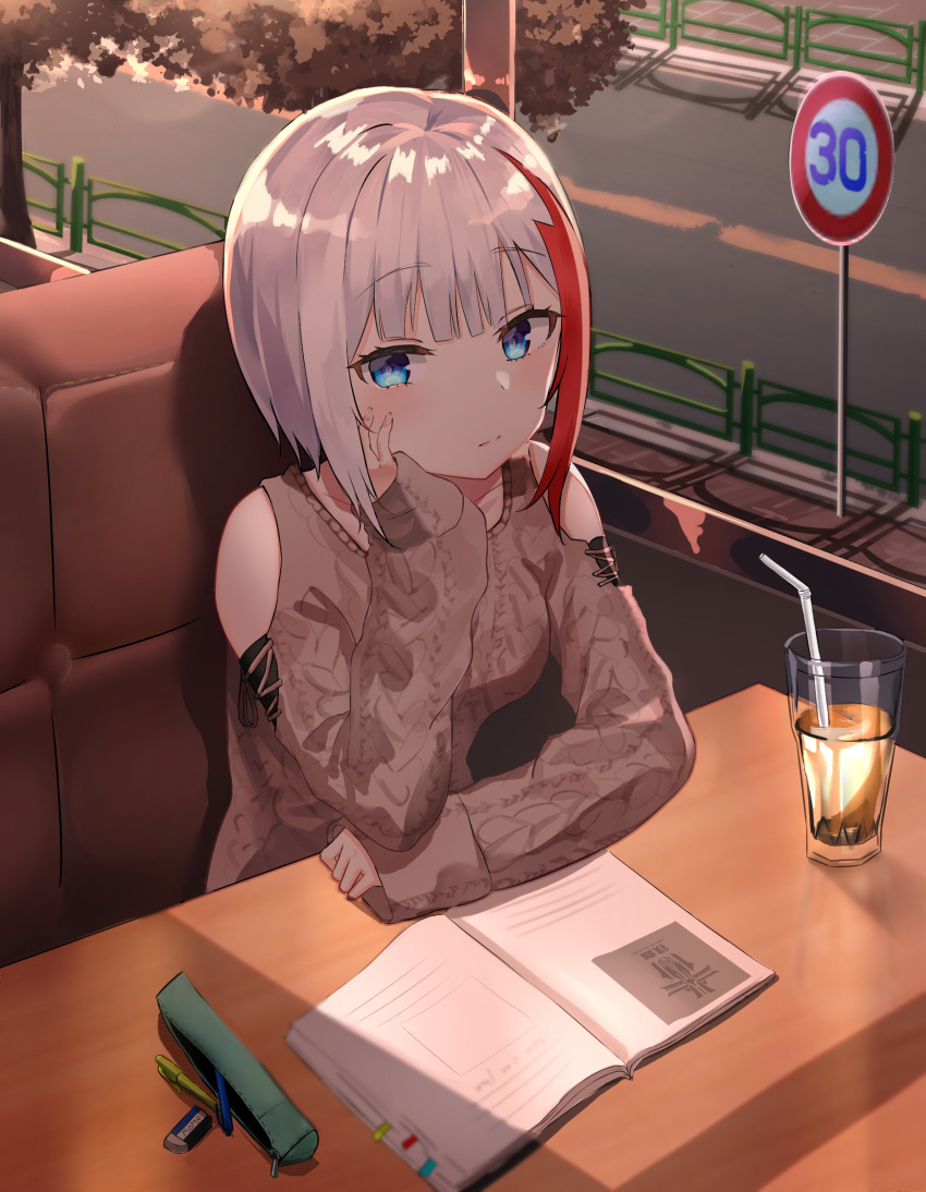 1girl absurdres admiral_graf_spee_(azur_lane) admiral_graf_spee_(daily_peaceful_life)_(azur_lane) afe aran_sweater azur_lane blue_eyes blush breasts cable_knit day drinking_straw eyebrows_visible_through_hair glasses hair_ornament highres indoors long_sleeves looking_at_viewer medium_breasts multicolored_hair pen pencil pencil_case redhead road road_sign short_hair shoulder_cutout sidewalk sign silver_hair sitting solo streaked_hair street sweater table tree white_hair