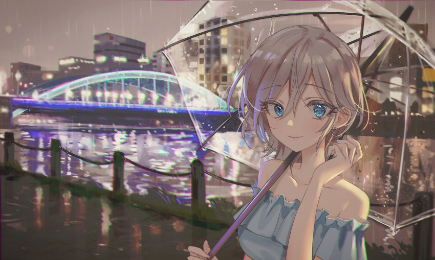 1girl anastasia_(idolmaster) bangs blue_eyes blue_shirt blurry blurry_background blush breasts bridge building collarbone earrings eyebrows_visible_through_hair grey_hair hair_between_eyes highres holding holding_umbrella idolmaster idolmaster_cinderella_girls jewelry light looking_at_viewer medium_breasts nail_polish neon_lights night night_sky off-shoulder_shirt off_shoulder outdoors railing rain river rum_raisin_(chihiromakita19) see-through shirt sky smile solo umbrella upper_body water water_drop