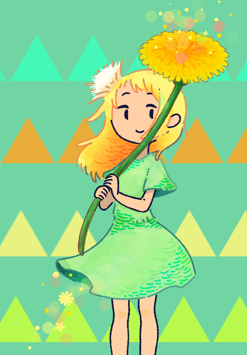 1girl blonde_hair dandelion dress feet_out_of_frame flower green_dress highres holding holding_flower long_hair looking_at_viewer niwabuki no_nose original oversized_flowers short_sleeves smile solo triangle_earrings yellow_flower