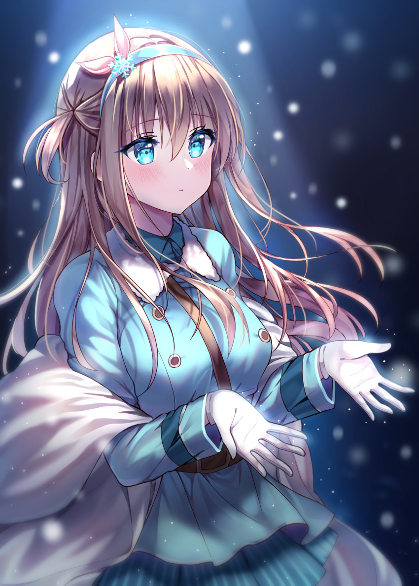 1girl belt between_breasts blue_eyes blue_hairband blue_skirt breasts brown_hair buttons clming fur_collar girls_frontline gloves hairband highres jacket long_hair long_sleeves open_hand outstretched_hand skirt snow snowflake_ornament solo strap_between_breasts striped striped_skirt suomi_kp31_(girls_frontline) white_gloves white_jacket