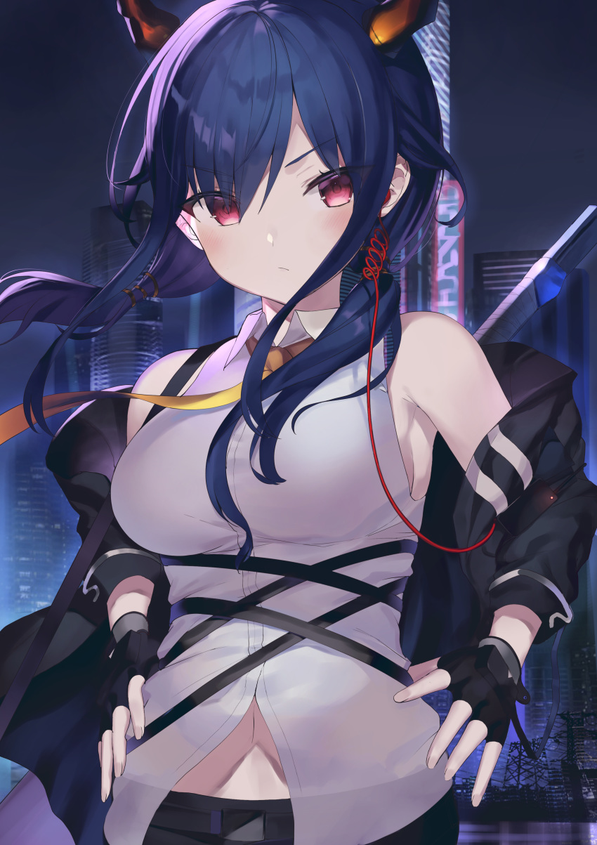 1girl absurdres arknights bare_shoulders belly_peek black_gloves black_jacket blue_hair breasts ch'en_(arknights) collared_shirt dragon_horns earphones fingerless_gloves gloves hands_on_hips highres horns jacket large_breasts long_hair long_sleeves looking_at_viewer low_twintails necktie night off_shoulder open_clothes open_jacket outdoors red_eyes shirt sleeveless sleeveless_shirt solo strap twintails upper_body v-shaped_eyebrows white_shirt zukan_(db_tyoutyo)