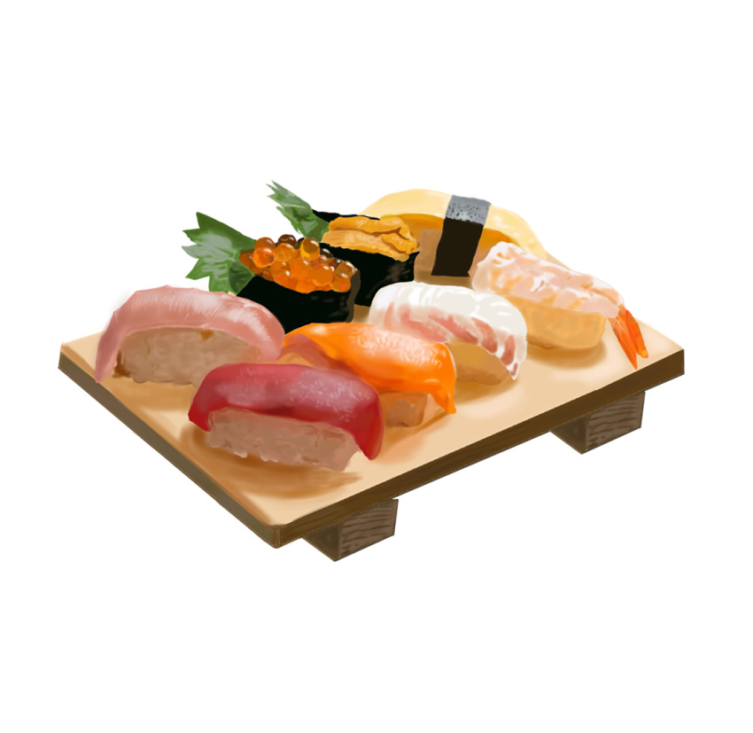 commentary food gunkanmaki nigirizushi no_humans original roe shadow simple_background still_life sushi sushi_geta trocco55 white_background