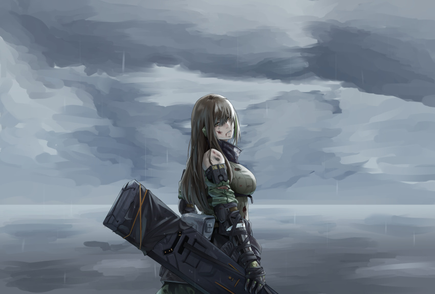 1girl absurdres bangs blood blood_from_mouth blood_on_face bloody_clothes brown_eyes brown_hair cuts detached_sleeves dirt dryseaweed girls_frontline green_hair hair_between_eyes highres holding holding_weapon injury long_hair looking_back m4a1_(girls_frontline) mechanical_arm mod3_(girls_frontline) multicolored_hair pouch rain ribbed_sweater scarf solo strap streaked_hair sweater torn_clothes turtleneck turtleneck_sweater weapon