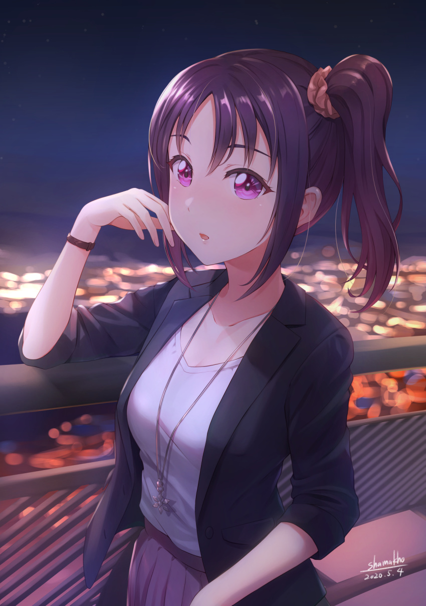 1girl bangs black_jacket blurry blurry_background brown_hair city_lights collarbone commentary_request hair_ornament hair_scrunchie hand_on_own_face highres jacket jewelry kazuno_sarah love_live! love_live!_sunshine!! necklace night parted_bangs parted_lips purple_skirt railing scrunchie shamakho shirt side_ponytail signature skirt solo standing violet_eyes watch watch white_shirt