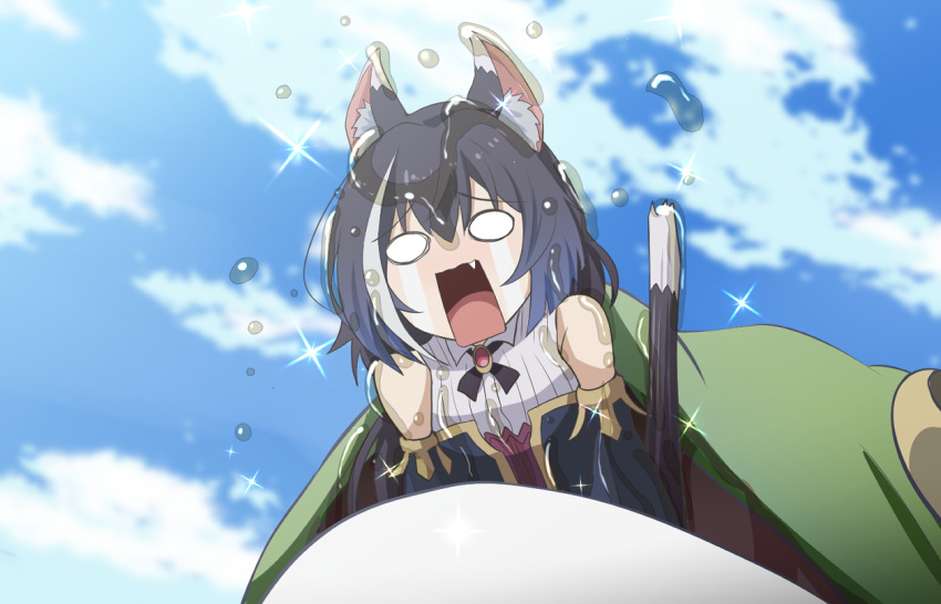 animal_ears black_hair cat_ears cat_girl cat_tail detached_sleeves dress frog fujitaka_nasu kono_subarashii_sekai_ni_shukufuku_wo! kyaru_(princess_connect) multicolored_hair parody princess_connect! princess_connect!_re:dive sleeveless sleeveless_dress slimy streaked_hair tail tears