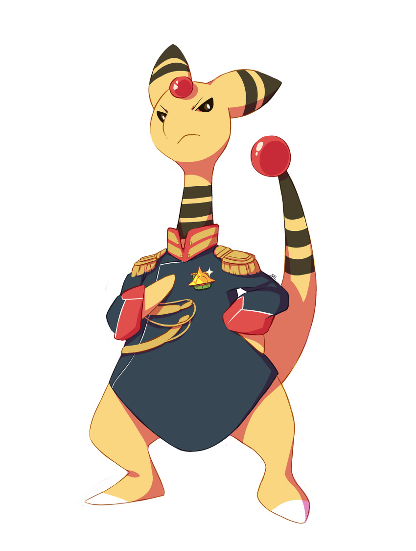 ampharos clothed_pokemon commentary commission creature english_commentary frown full_body gen_2_pokemon highres looking_at_viewer medal military military_uniform no_humans pokemon pokemon_(creature) salanchu serious simple_background solo uniform white_background