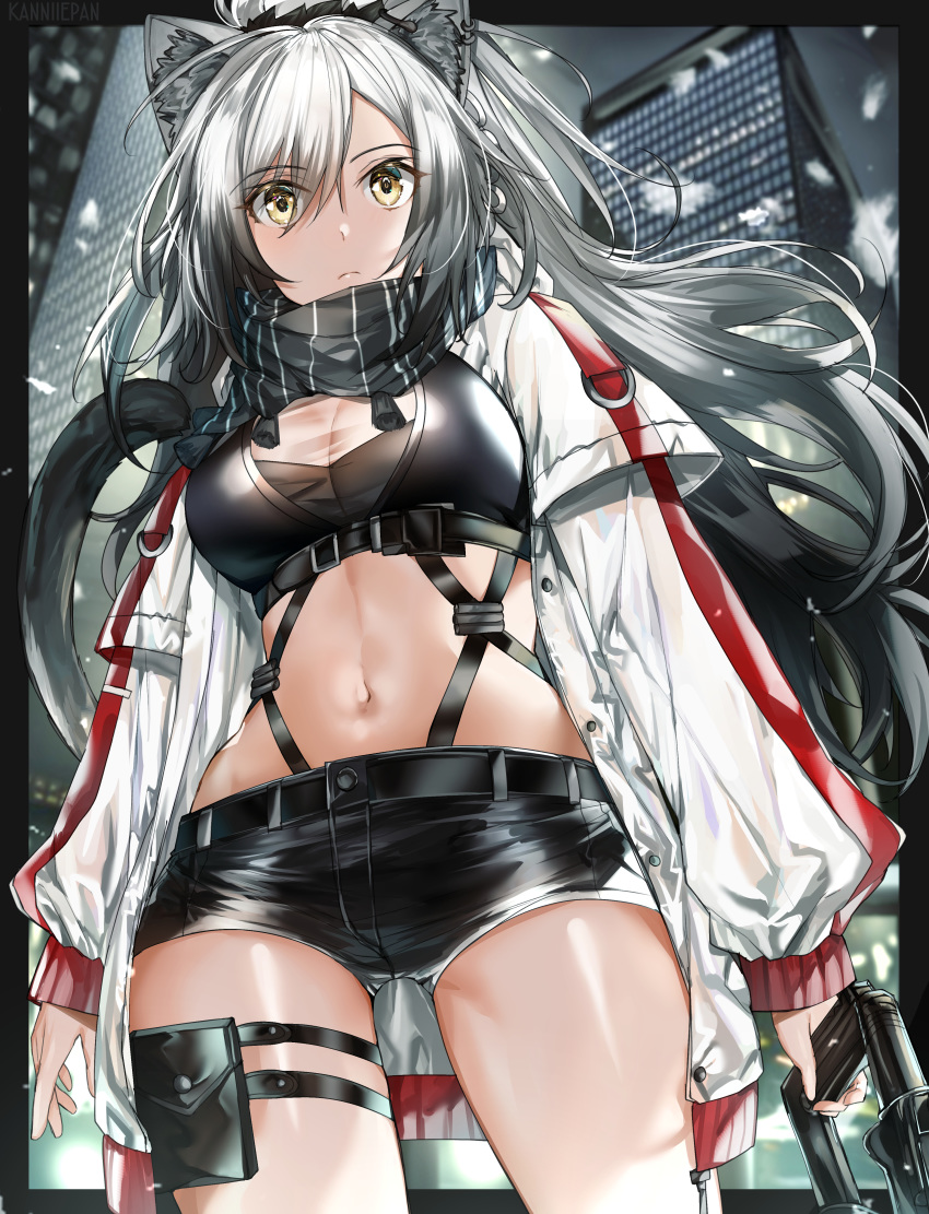 1girl absurdres animal_ear_fluff animal_ears arknights bangs black_scarf black_shorts breasts cat_ears cat_tail commentary cowboy_shot crop_top eyebrows_visible_through_hair hair_between_eyes highres huge_filesize jacket kanniepan long_hair long_sleeves looking_at_viewer medium_breasts midriff navel open_clothes open_jacket pouch scarf schwarz_(arknights) short_shorts shorts silver_hair solo standing stomach tail thigh_strap thighs very_long_hair white_jacket yellow_eyes