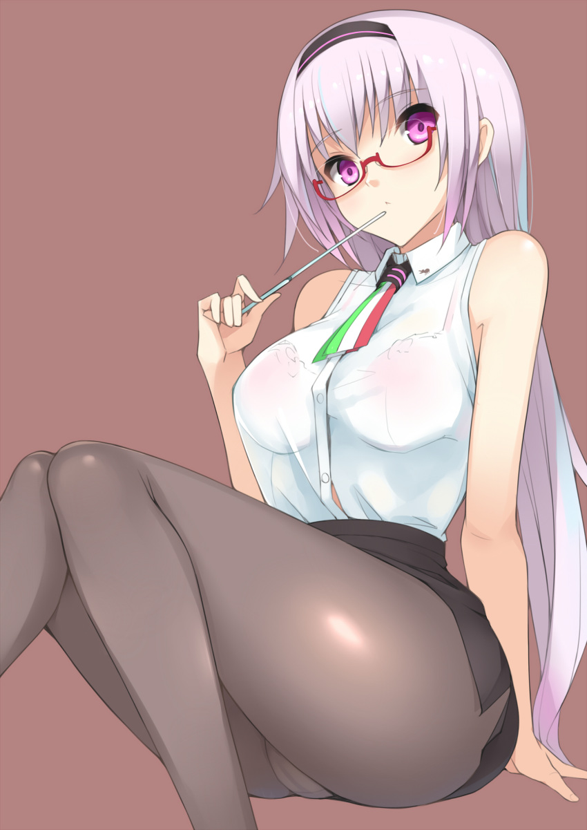 .live absurdres alternate_costume bespectacled blush bra breasts carro_pino commentary_request glasses headband highres large_breasts panties panties_under_pantyhose pantyhose see-through simple_background underwear violet_eyes