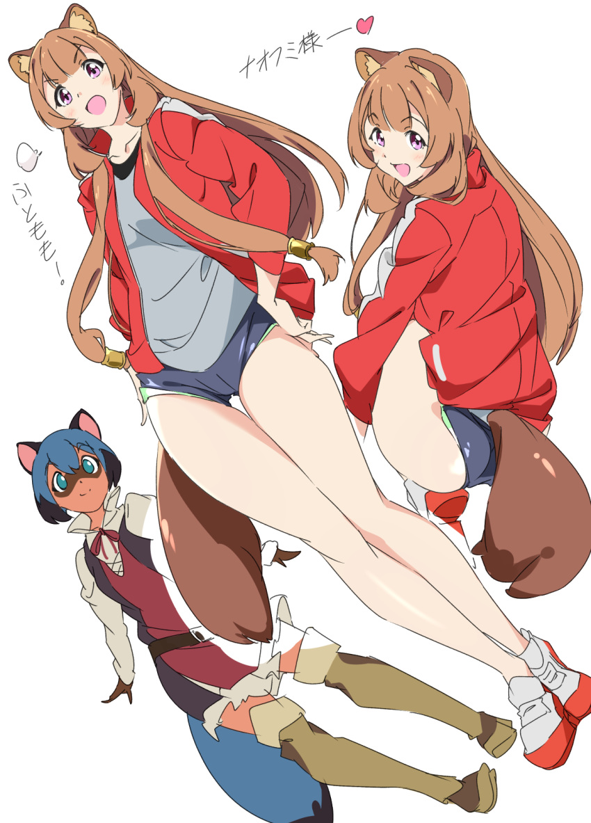 2girls :d animal_ear_fluff animal_ears ass bangs bare_legs belt blue_eyes blue_hair boots brand_new_animal brown_footwear brown_gloves brown_hair buruma cosplay costume_switch crossover dress eyebrows_visible_through_hair gloves hair_tubes hands_on_hips heart highres jacket kagemori_michiru long_hair long_sleeves looking_at_another looking_at_viewer looking_back multiple_girls multiple_views open_clothes open_jacket open_mouth panties_under_buruma raccoon_ears raccoon_girl raccoon_tail raphtalia red_jacket shoes short_dress short_hair smile sneakers squatting standing tail tanuki tate_no_yuusha_no_nariagari thigh-highs thigh_boots track_jacket umanosuke very_long_hair violet_eyes white_background