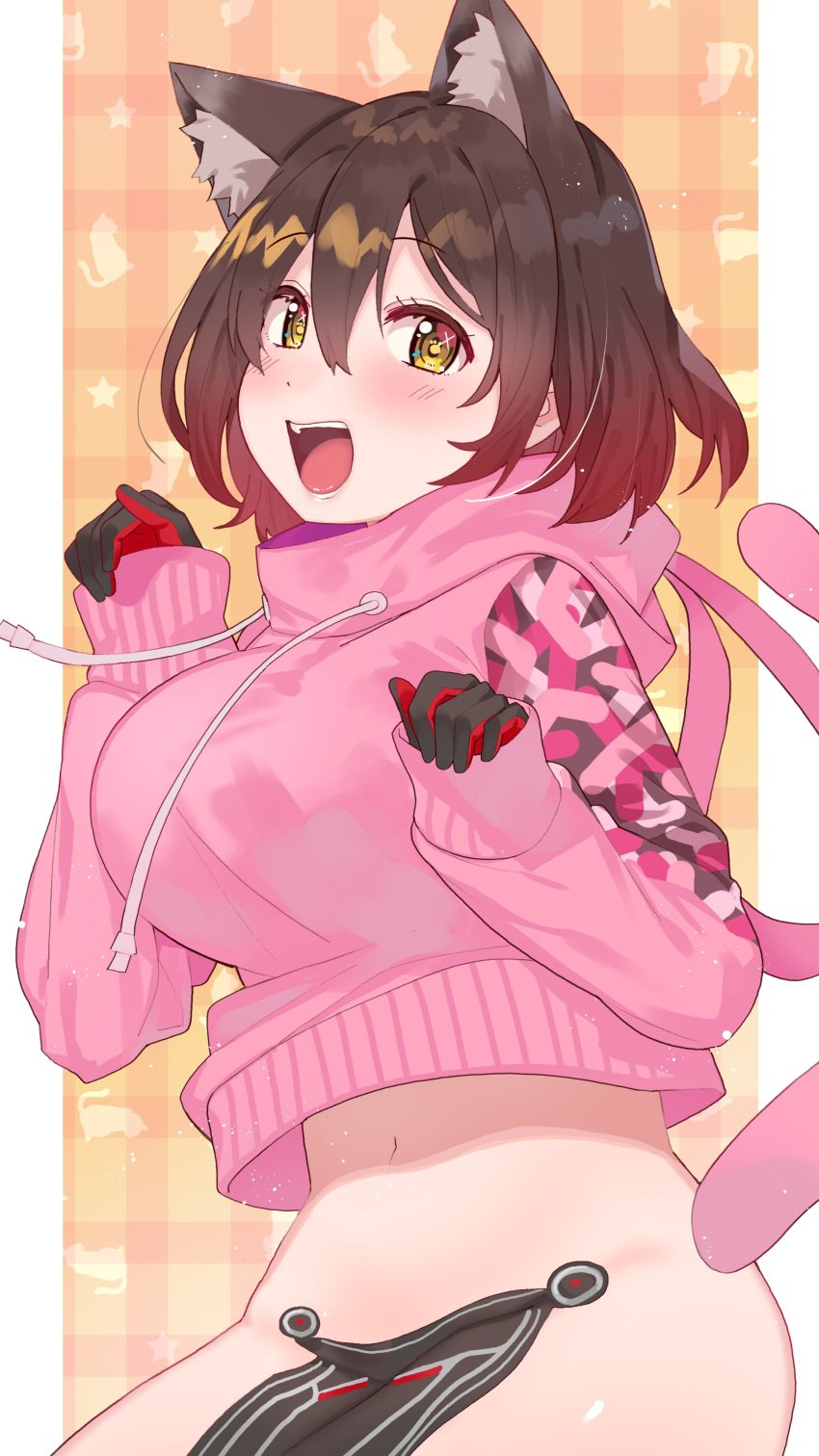 1girl absurdres android animal_ear_fluff animal_ears black_gloves blush breasts brown_hair cat cat_ears commentary cowboy_shot eyebrows_visible_through_hair gloves hair_between_eyes highres hololive kemonomimi_mode large_breasts looking_at_viewer midriff navel no_eyewear open_mouth pink_sweater plaid plaid_background roboco-san roboco_ch. short_hair sleeves_past_wrists smile solo star sweater symbol-shaped_pupils thighs tonari_no_kai_keruberosu turtleneck turtleneck_sweater virtual_youtuber yellow_eyes