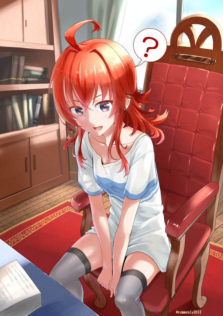 1girl ? absurdres ahoge alternate_costume arashi_(kantai_collection) black_legwear breasts chair collarbone common2012 grey_eyes highres indoors kantai_collection messy_hair redhead shirt short_sleeves sitting small_breasts solo speech_bubble spoken_question_mark thigh-highs white_shirt