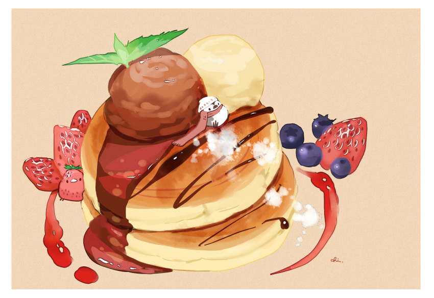 artist_name bird blue_berry border chai chocolate_syrup commentary_request food fruit hat highres ice_cream mint no_humans original pancake penguin scarf simple_background sitting_on_food strawberry