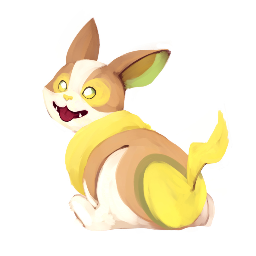 commentary creature dog dog_focus english_commentary fangs full_body gen_8_pokemon highres looking_at_viewer looking_back no_humans pokemon pokemon_(creature) ruderubicante simple_background sitting solo tongue tongue_out white_background yamper yellow_eyes