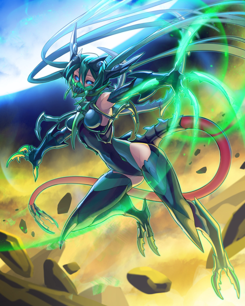 1girl baniran_dorosu black_sclera blue_eyes carapace claws commentary_request covered_navel elbow_gloves extra_eyes gloves glowing green_hair hair_between_eyes highres horns insect_girl long_hair looking_at_viewer monster_girl moon multiple_pupils ninja_mask original rubble solo tail thigh-highs very_long_hair
