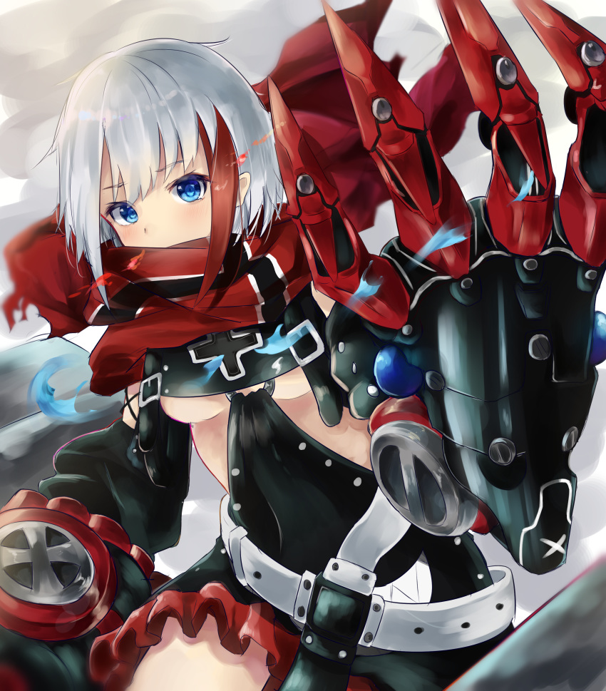 1girl absurdres admiral_graf_spee_(azur_lane) azur_lane belt black_dress blue_eyes blush breasts claws commentary covered_mouth cowboy_shot crop_top dress eyebrows_visible_through_hair highres iron_cross kyoro_ina looking_at_viewer mechanical_arm medium_breasts multicolored_hair o-ring o-ring_top red_scarf redhead scarf silver_hair solo streaked_hair thighs two-tone_hair under_boob