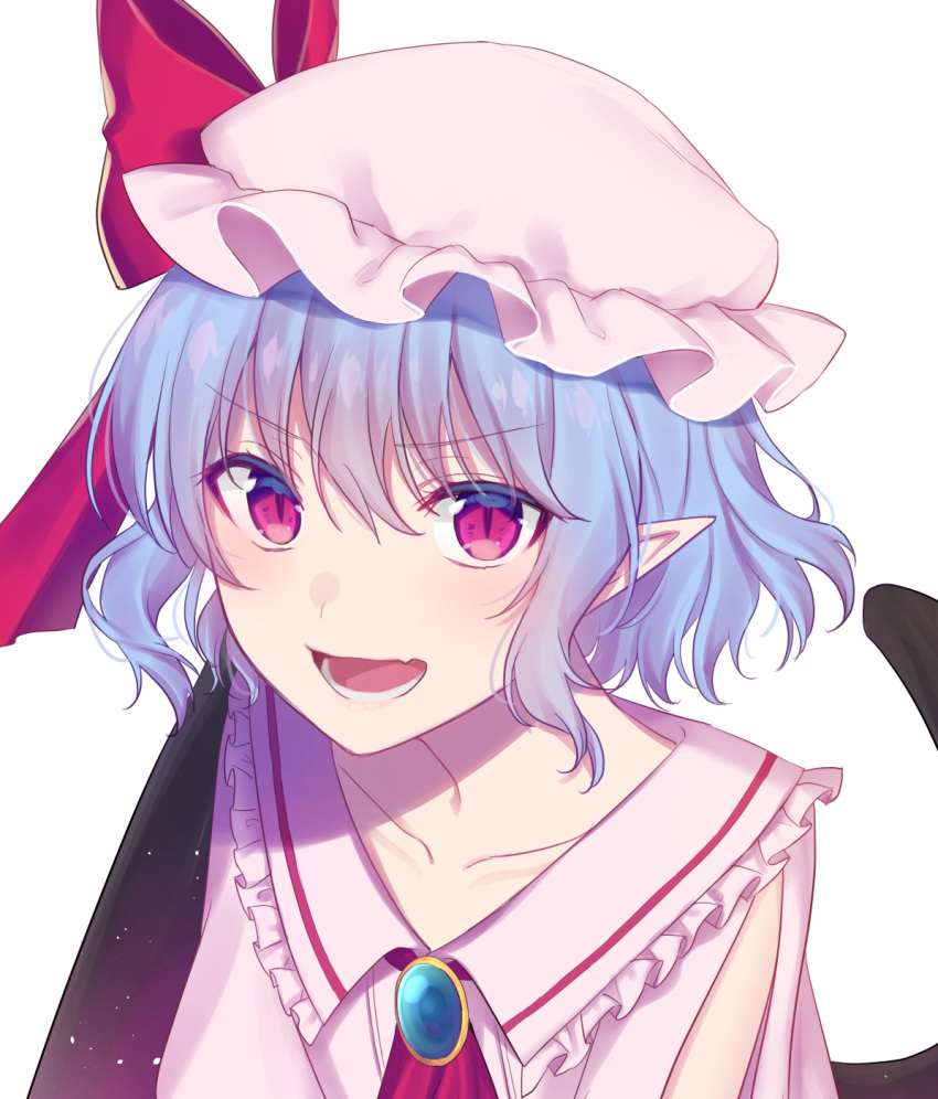 1girl :d asa_(coco) ascot bangs bat_wings blue_hair blush bow brooch collarbone commentary_request dress eyebrows_visible_through_hair frilled_shirt_collar frills hair_between_eyes hat hat_bow highres jewelry looking_at_viewer mob_cap open_mouth pink_dress pink_headwear pointy_ears red_bow red_eyes red_neckwear remilia_scarlet short_hair simple_background smile solo touhou upper_body white_background wings