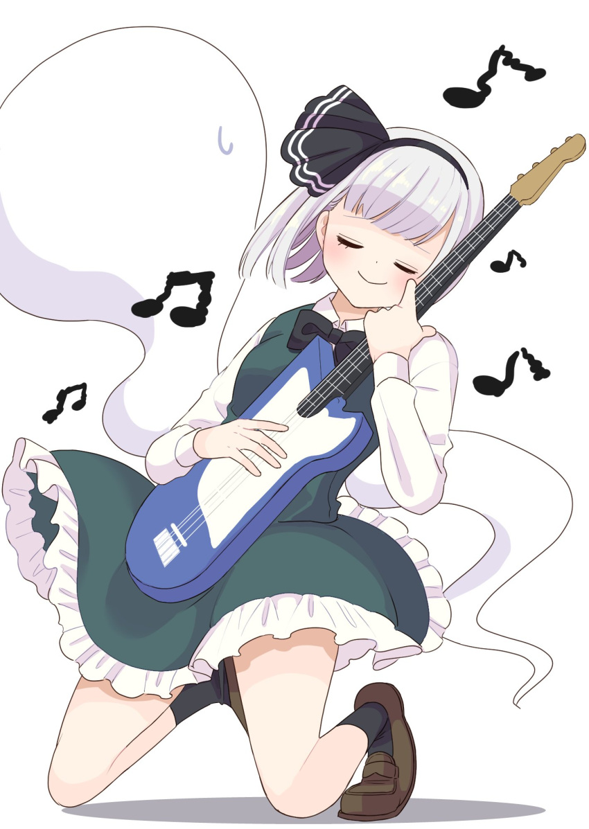 1girl bangs black_hairband black_legwear black_neckwear blush bow breasts brown_footwear closed_eyes closed_mouth collared_shirt commentary_request electric_guitar eyelashes frilled_skirt frills full_body green_skirt green_vest guitar hairband highres hitodama holding holding_instrument instrument kneeling konpaku_youmu loafers long_sleeves medium_breasts miniskirt musical_note shadow shirt shoes short_hair silver_hair simple_background skirt smile socks solo stigma1101 sweatdrop touhou vest white_background wing_collar wrist_cuffs