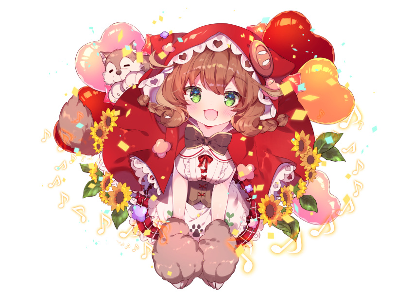 1girl :d absurdres animal animal_ears animal_hood apron balloon black_bow blush bow braid breasts brown_gloves brown_hair capelet collared_shirt confetti eighth_note fake_animal_ears flower frilled_apron frills full_body gloves green_eyes heart_balloon highres hood hood_up hooded_capelet long_hair looking_at_viewer medium_breasts musical_note nijisanji open_mouth paw_gloves paws plaid plaid_skirt pleated_skirt red_bow red_capelet red_skirt shirt skirt smile solo sunflower suzuhara_(13yuuno) twin_braids underbust waist_apron warabeda_meijii white_apron white_background white_shirt wolf yellow_flower