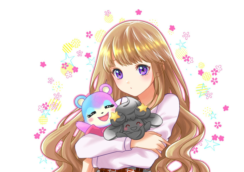 1girl :d ^_^ alcremie alcremie_(star_sweet) alternate_color bangs blunt_bangs brown_hair closed_eyes commentary_request crossover doubutsu_no_mori eyelashes facing_viewer floral_background gen_8_pokemon happy highres holding holding_pokemon long_hair long_sleeves looking_at_viewer misuzu_(doubutsu_no_mori) open_mouth original pokemon pokemon_(creature) punico_(punico_poke) shiny_pokemon smile upper_body violet_eyes white_background