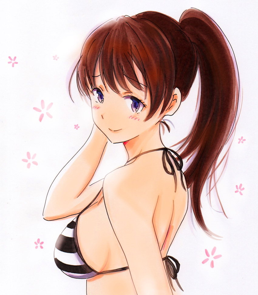 1girl a-1_pictures arm_up back bangs bikini breasts brown_hair closed_mouth commentary_request cute eyebrows_visible_through_hair highres kadokawa_shoten katou_megumi looking_at_viewer looking_to_the_side marker_(medium) medium_breasts millipen_(medium) ponytail potekite saenai_heroine_no_sodatekata sideboob simple_background smile solo square_enix striped striped_bikini swimsuit traditional_media upper_body violet_eyes