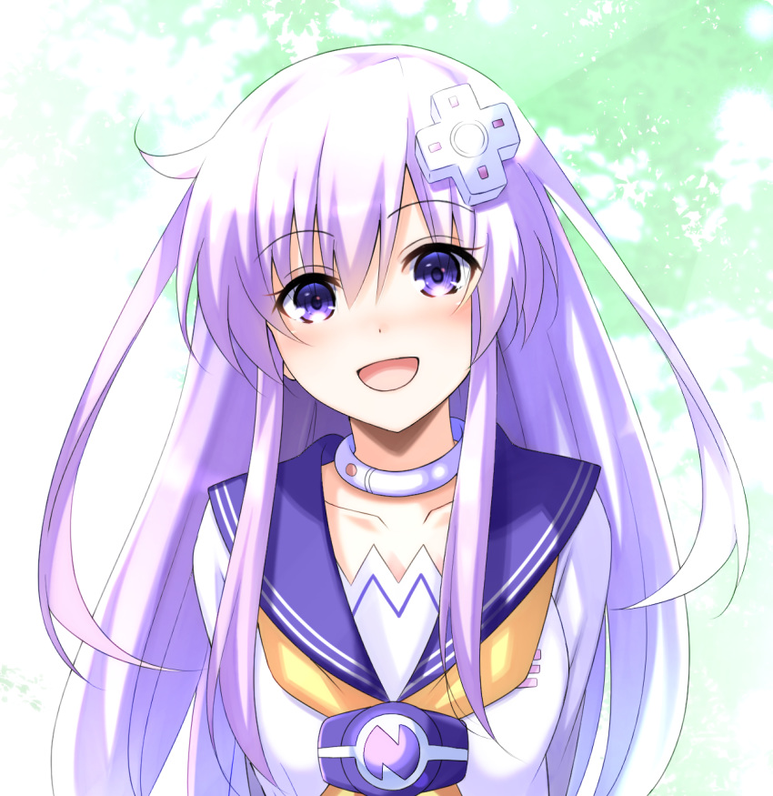 1girl arms_behind_back bangs collar collarbone commentary_request d-pad d-pad_hair_ornament doria_(p_f_dolia) dress eyebrows_visible_through_hair hair_between_eyes hair_ornament highres long_hair looking_at_viewer neckerchief nepgear neptune_(series) open_mouth purple_hair sailor_collar sailor_dress sidelocks smile solo violet_eyes white_dress yellow_neckwear