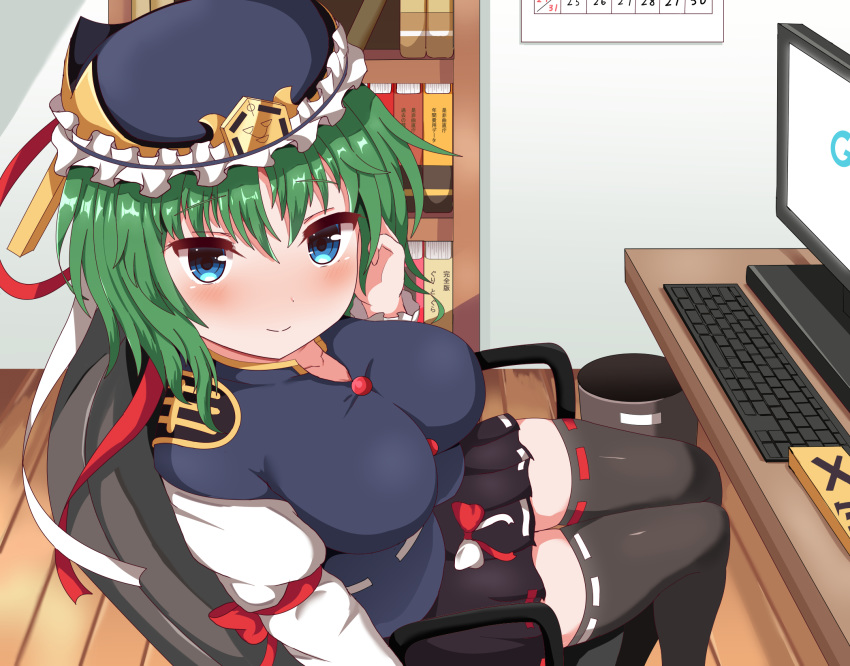 1girl arm_at_side arm_ribbon arm_up black_legwear black_skirt blue_eyes blue_vest book bookshelf breasts calendar_(object) chair commentary_request computer desk epaulettes eyebrows_visible_through_hair feet_out_of_frame google green_hair guard_bento_atsushi hair_between_eyes hand_in_hair hat hat_ribbon highres indoors keyboard_(computer) large_breasts light_blush long_sleeves looking_at_viewer office_chair pleated_skirt ribbon ribbon-trimmed_legwear ribbon_trim rod_of_remorse shiki_eiki shirt short_hair sitting skirt smile solo thigh-highs touhou trash_can vest white_shirt wooden_floor