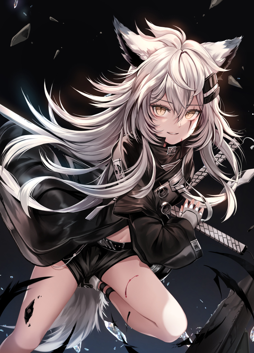 1girl animal_ears arknights belt blood feathers fingerless_gloves gloves grin highres jacket lappland_(arknights) long_hair looking_at_viewer navel ore_lesion_(arknights) scar scar_across_eye shorts slit_pupils smile solo sword weapon white_hair yellow_eyes zerocat