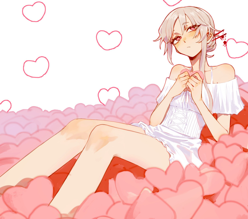 1girl bare_shoulders buttoniris closed_mouth dress eyebrows_visible_through_hair feet_out_of_frame from_side grey_hair hair_bun hair_ornament hairpin hands_up heart highres original pink_eyes pink_hair short_dress solo symbol_commentary two_(buttoniris) white_background white_dress