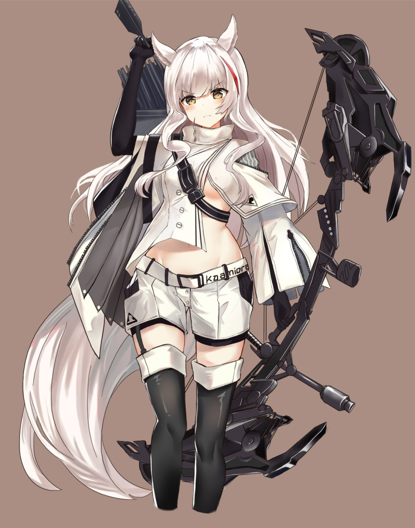 &gt;:( 1girl animal_ears arknights arm_up arrow bangs black_gloves black_legwear blush boots bow_(weapon) brown_background brown_eyes cropped_legs eyebrows_visible_through_hair gloves groin high_collar highres holding holding_bow_(weapon) holding_weapon jsscj large_tail long_hair long_sleeves looking_at_viewer midriff multicolored_hair platinum_(arknights) quiver redhead shirt short_shorts shorts silver_hair simple_background solo standing streaked_hair tail thigh-highs thigh_boots thighs v-shaped_eyebrows weapon white_shirt white_shorts wide_sleeves