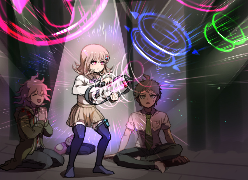 1girl 2boys ahoge backpack bag bag_removed bangs black_legwear breasts brown_hair brown_skirt commentary_request dangan_ronpa eyebrows_visible_through_hair flipped_hair green_eyes hair_ornament hairclip highres hinata_hajime hood hoodie jacket jacket_removed komaeda_nagito long_hair multiple_boys nanami_chiaki necktie no_shoes open_mouth pink_eyes pleated_skirt ribbon ring-con ring_fit_adventure school_uniform shirt short_hair skirt smile super_dangan_ronpa_2 thigh-highs white_hair white_shirt youko-shima