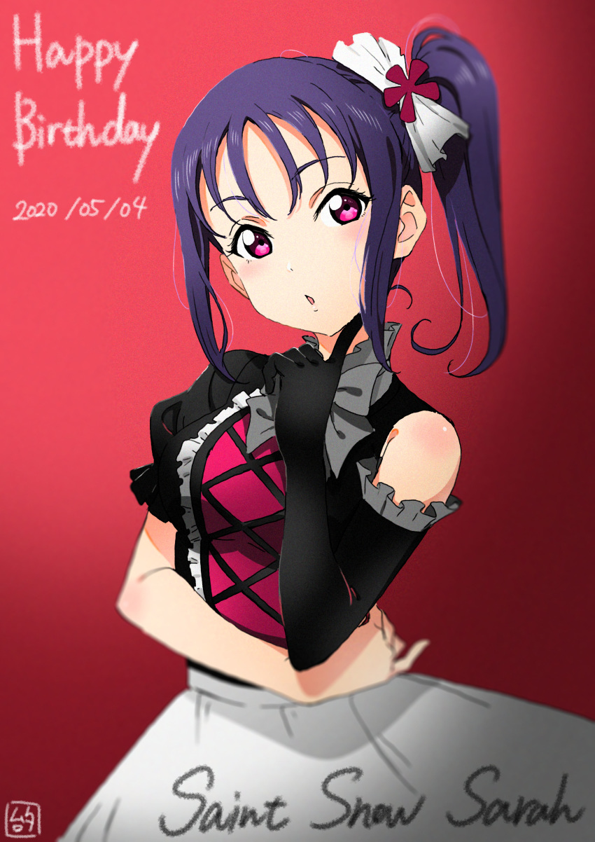 1girl 2020 absurdres bangs birthday black_gloves breasts character_name commentary_request dated elbow_gloves english_text eyebrows_visible_through_hair gloves group_name happy_birthday highres kazuno_sarah long_hair looking_at_viewer love_live! love_live!_sunshine!! medium_breasts murota_yuuhei official_art pink_eyes purple_hair saint_snow self_control!! shiny shiny_hair shiny_skin short_sleeves side_ponytail sidelocks single_glove single_sleeve solo upper_body
