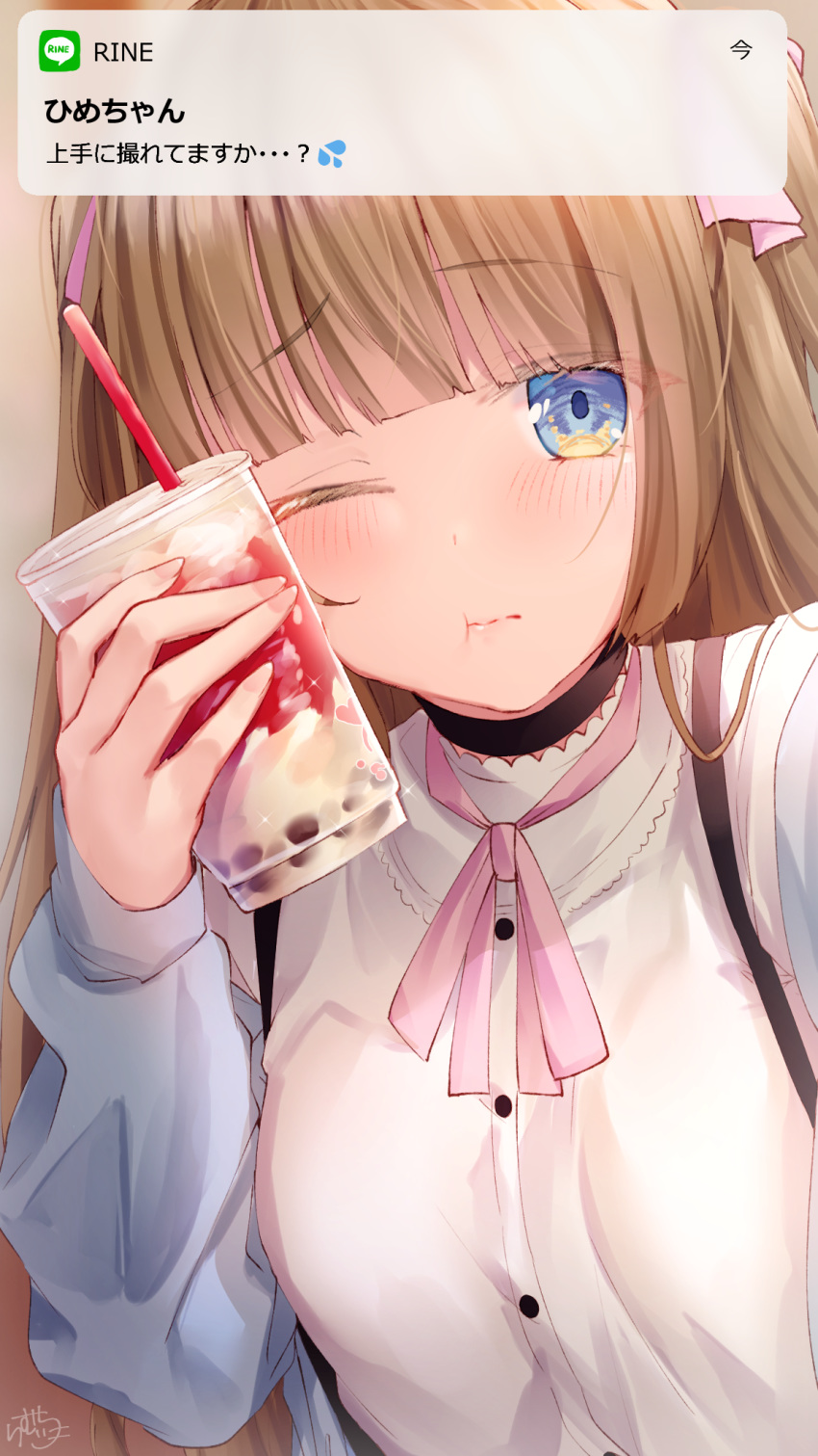 1girl ;t bangs black_choker blue_eyes blue_jacket blush brand_name_imitation breasts brown_hair bubble_tea choker closed_mouth commentary_request cup disposable_cup dress_shirt drinking_straw eyebrows_visible_through_hair hair_ribbon highres hime-chan_(ramchi) holding holding_cup jacket line_(naver) long_hair looking_at_viewer off_shoulder one_eye_closed open_clothes open_jacket original pink_ribbon ramchi ribbon self_shot shirt small_breasts solo translation_request upper_body wavy_mouth white_shirt