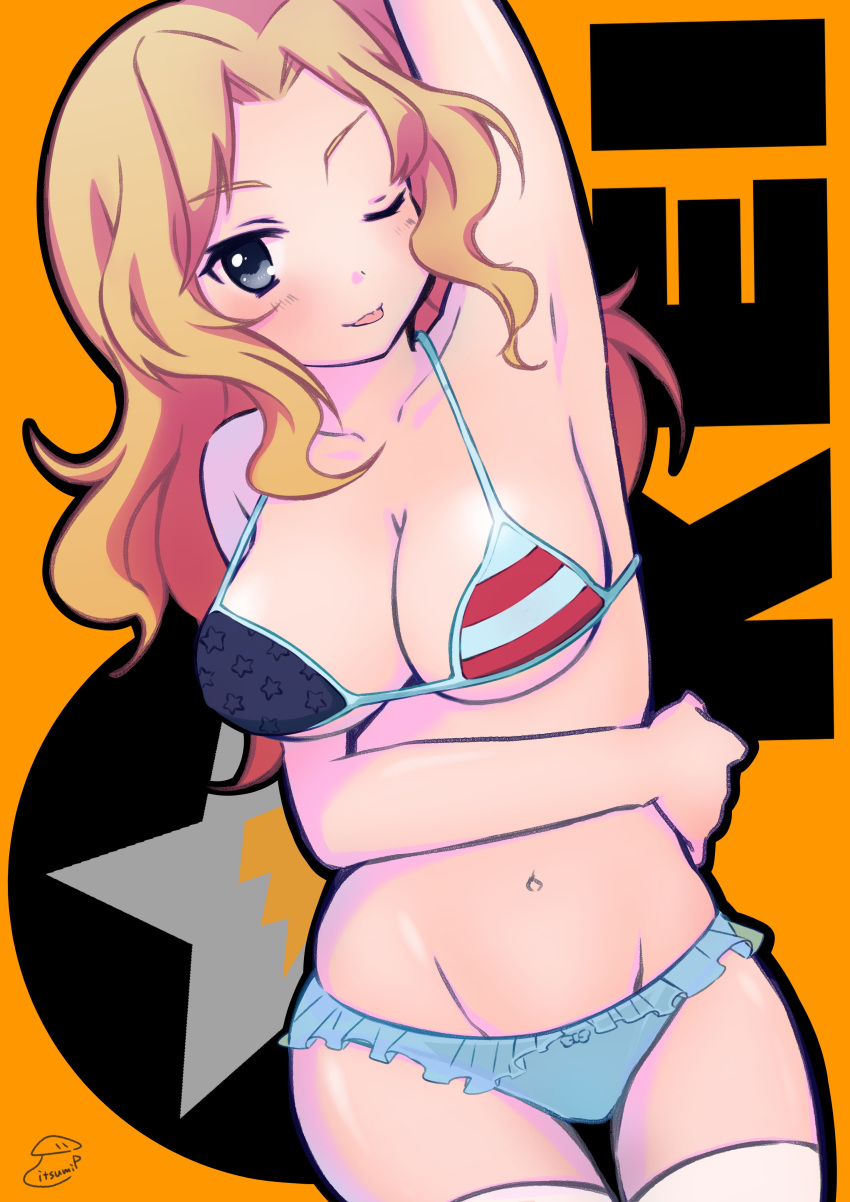 1girl :p ;) absurdres american_flag_bikini arm_up armpits artist_name bikini blonde_hair blue_eyes blue_panties bow bow_panties breasts character_name cleavage_cutout closed_mouth cowboy_shot dutch_angle emblem flag_print frilled_panties frills girls_und_panzer groin hair_intakes highres itsumip kay_(girls_und_panzer) long_hair looking_at_viewer medium_breasts one_eye_closed orange_background panties romaji_text signature smile solo standing swimsuit thigh-highs tongue tongue_out underwear white_legwear