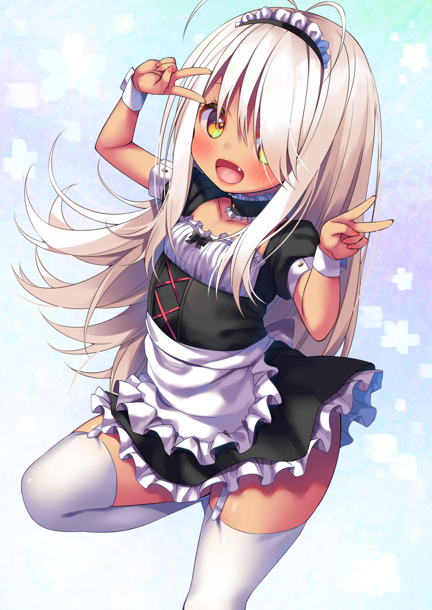 1girl absurdres apron asa_no_ha bangs black_dress choker double_v dress fang frilled_apron frilled_choker frilled_dress frills garter_straps hair_over_one_eye highres long_hair looking_at_viewer maid_dress maid_headdress open_mouth original puffy_short_sleeves puffy_sleeves short_sleeves solo standing standing_on_one_leg thigh-highs v white_hair white_legwear yellow_eyes