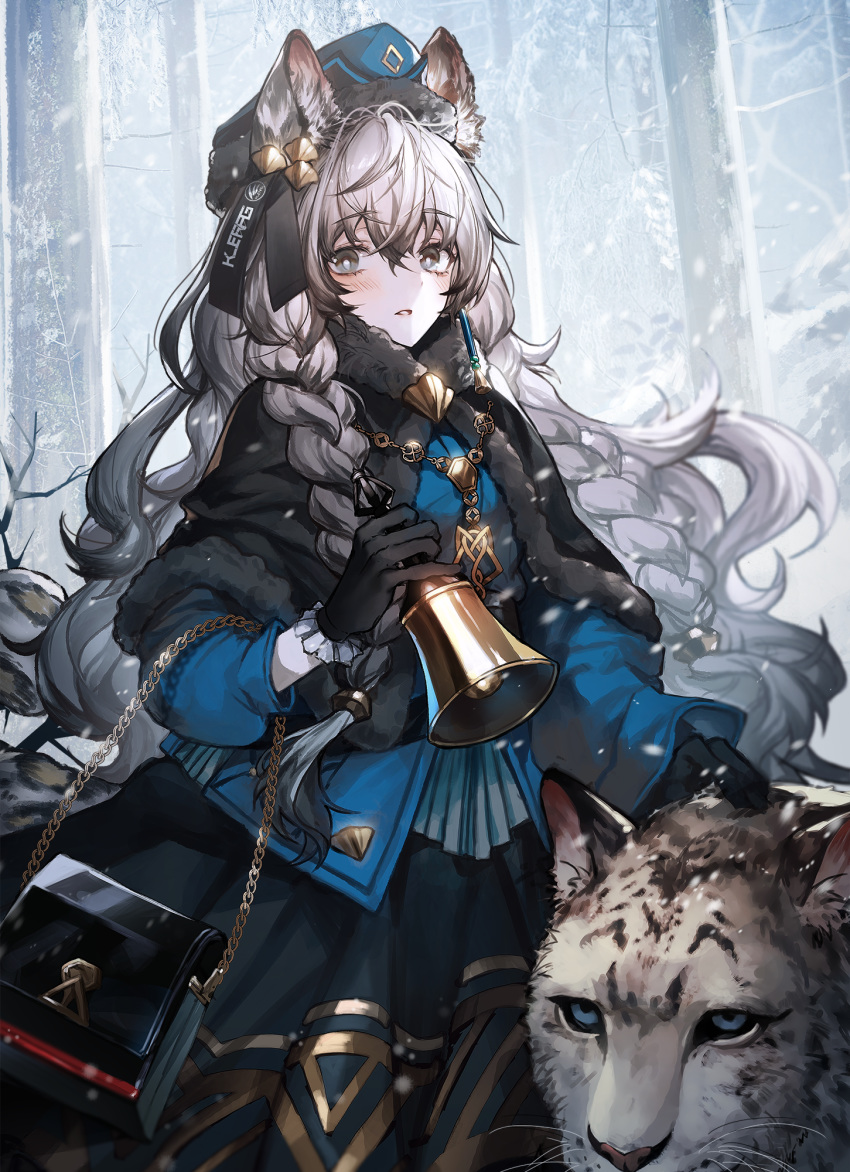 1girl alternate_costume animal_ear_fluff animal_ears arknights bag bangs bare_tree bell black_capelet black_gloves black_hair black_skirt blue_coat blue_headwear blush braid breath capelet chain coat cold commentary cowboy_shot eyebrows_visible_through_hair eyelashes fur-trimmed_capelet fur_trim gloves grey_eyes hair_between_eyes hair_ribbon handbag hat highres holding holding_bell jewelry lentain229 leopard_ears leopard_tail long_hair long_skirt long_sleeves looking_at_viewer multicolored_hair necklace outdoors parted_lips pramanix_(arknights) ribbon side_braids silver_hair single_earring skirt snow snow_leopard snowing solo standing tail tassel_earrings tree twin_braids two-tone_hair very_long_hair